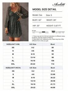 Acelitt Vestido de manga farol con frente fruncido y parches con estampado floral diminuto, elegante para vacaciones de primavera - Verde Oscuro - Ver 5