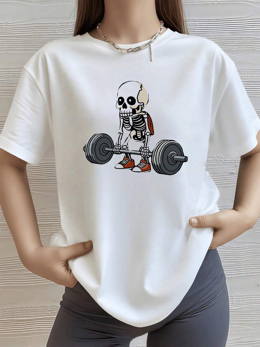 Esqueleto divertido levantando pesas representa fuerza y sentido del humor mostrando actitud positiva y energía divertida ideal para mujeres con espíritu activo camiseta de mujer casual moderna - Blanco - Ver 1