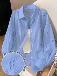 Camisa casual de mujer de manga larga con bordado calado y abotonadura sencilla - Azul 2 - Ver 1