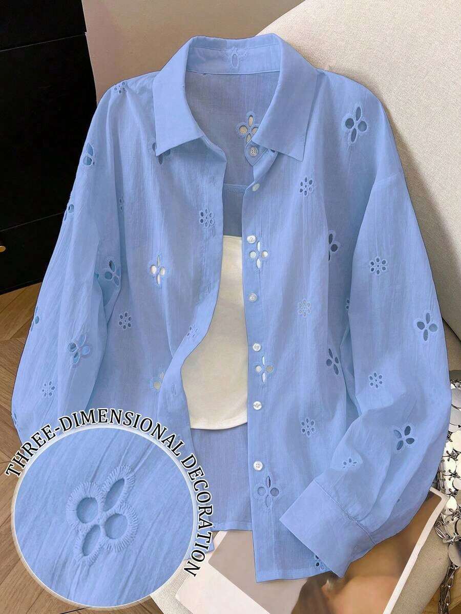 Camisa casual de mujer de manga larga con bordado calado y abotonadura sencilla - Azul 2 - Ver 1