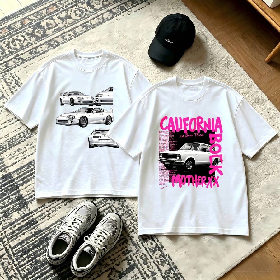 2-Piece Couple Matching Pattern T-Shirt, 100% Cotton, Loose Fit, Soft And Breathable, Casual Round Neck Short Sleeved Top Cartoon Dogs In Fashion Outfits Versatile Patterns No Picky Combinations Coordinated Dating Casual Travel Simple And Cartoonish Printing Styles High Cost-Effectiveness Couple - 白色 - 查看 1