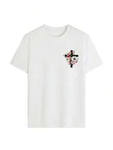 Camiseta de mujer con estampado floral de cruz cristiana, diseño boho de flores en acuarela, estampado de fe, estilo casual, holgada, de manga corta, estilo vintage, estética religiosa, ropa urbana, top de cuello redondo de talla grande, camiseta Y2K cómoda con hombros caídos para uso diario, servicio religioso, salida de fin de semana, vacaciones, reuniones informales, regalo cristiano para creyentes, ropa inspirada en la fe para el estilo cotidiano. - Blanco - Ver 3