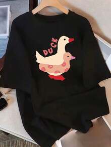 New Summer 2026 Pure Cotton T-Shirt, Women's Short Sleeve T-Shirt With Unique Design Print, Slimming Half Sleeve Loose Top For Students, Casual Printed Top, Versatile And Comfortable For Women, Suitable For Spring, Summer And Autumn. - 黑色 - 查看 6