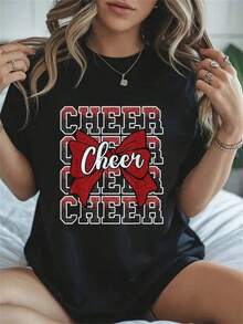 Camisetas Premium Casuales Unisex Lindas 100% Algodón Coquette Cheer Bow Divertida Deportiva Animadora Roja Camiseta de Corte Relajado Clásica y Cómoda Camiseta Gráfica para Mujer y Hombre Cuello Redondo Tops para Vacaciones de Verano - Negro - Ver 6