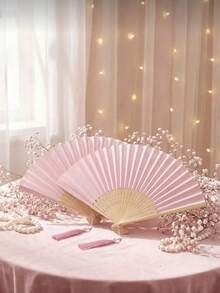 4pcs Value Set! Pink Bamboo Fan + Tassel + Bow + Storage Bag. Suitable For Wedding/Party/Daily Use. - Multicolor - View 7