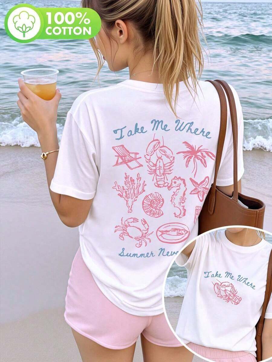 ropa de mujer Camiseta de manga corta con cuello redondo y estampado New Ocean para mujer, estilo resort a la moda, tu artículo esencial diario. Camiseta con estampado, top de estilo vacacional para mujer, camisas de mujer - Blanco - Ver 1