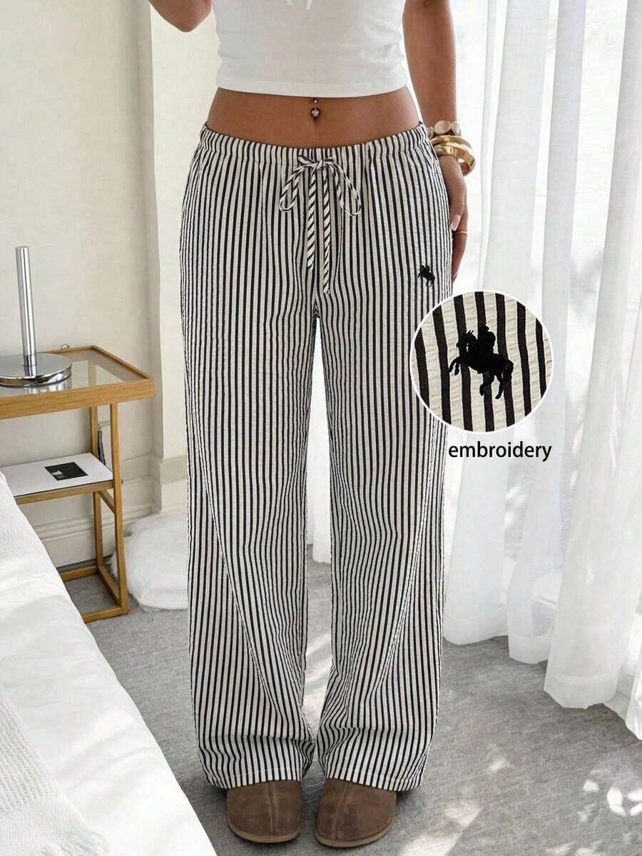 Pantalones casuales de mujer de lunares amarillos tejidos - Blanco y Negro - Ver 1