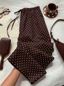 Pantalones casuales anchos con cintura de corbata y estampado de lunares para mujer - Marrón - Ver 1