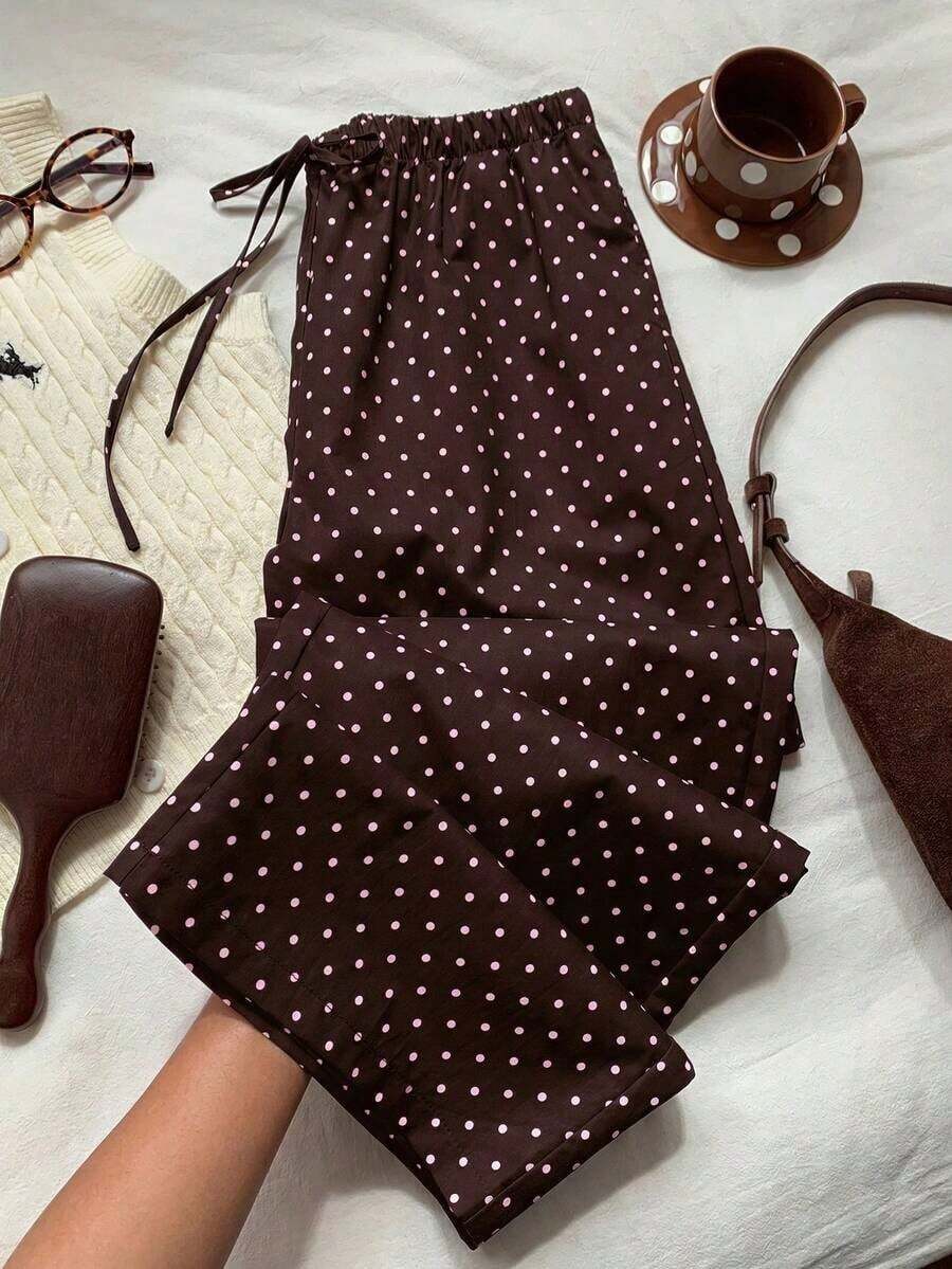 Pantalones casuales anchos con cintura de corbata y estampado de lunares para mujer - Marrón - Ver 1