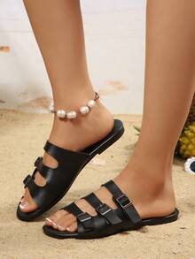 Women's Black Three Buckle Slide Sandals, Adjustable Triple Strap Open Toe Flat Slippers - Black - View 5