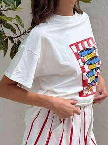 Letter Print T-Shirts For Women, Oversized Graphic Tees For Women And Teens, Y2k Short Sleeve Floral Print Graphic Tees, Aesthetic Summer T-Shirts, Cute And Preppy Women's Clothing For Vacation, Days Off, Everyday Casual Fashion And Versatility. - 魚白 - 查看 5