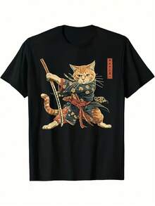 Camiseta unisex de anime con diseño de gato samurái katana a rayas naranjas y kimono color sólido suave adecuada para todas las estaciones un artículo imprescindible de ropa casual urbana versátil para todas las estaciones asequible para el uso diario y un regalo perfecto para fans y amigos playeras de hombre ropa de hombre nacional envio - Negro - Ver 7