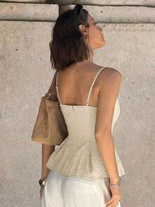 Camiseta de tirantes de verano para mujer, de estilo casual y vacacional, de unicolor minimalista con volantes, bordados y paneles de malla - Albaricoque - Ver 2