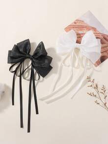 1pc Long Ribbon Mesh Bow Hair Clip, Ethereal Side Clip For Girl And Girls, Versatile Hairstyle Accessory - Multicolor - View 5