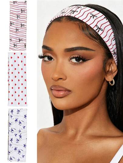 3pcs/Set Women's Headbands, Summer 3 PiecesSet: Printed Headbands With Heart, Bow, Floral Patterns; Striped Bow, Heart, Floral Headbands; Stretchy Workout Headbands