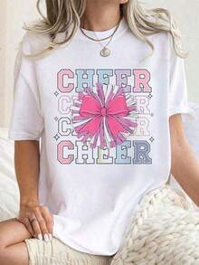 Modern MinimalistCamiseta de algodón con estampado gráfico para mujer, cuello redondo, manga corta, estilo casual, de Groovy Cheer Coquette Bow Cheerleading Lover.casual everyday - Blanco - Ver 1