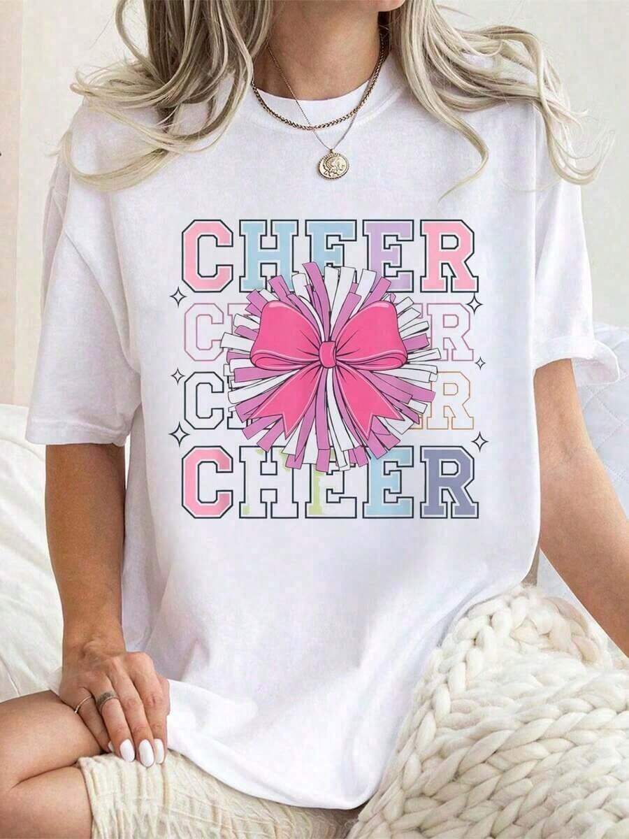 Modern MinimalistCamiseta de algodón con estampado gráfico para mujer, cuello redondo, manga corta, estilo casual, de Groovy Cheer Coquette Bow Cheerleading Lover.casual everyday - Blanco - Ver 1