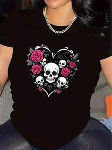 Camiseta de poliéster con diseño de calavera y corazón para uso en casa, duradera y cómoda, para sala de estar o restaurante, camiseta gráfica elegante para mujer, tela suave, uso diario casual - [Blanco] - Ver 11