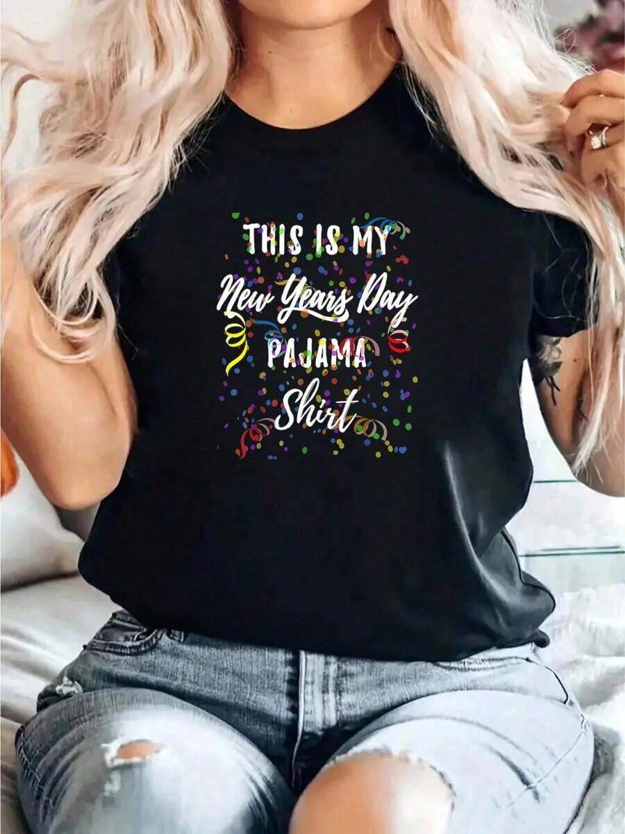 1ps Algodón - Esta Es Mi Camiseta de Pijama de Año Nuevo - Camiseta Divertida de Nochevieja 2022 - Camisetas para mujer - Negro - Ver 1