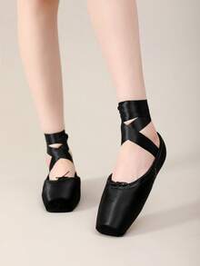 Sepatu Balet Pointe Satin Perunggu Wanita dengan Pita Terbungkus, Sepatu Dansa Datar dengan Sol Karet untuk Olahraga Dalam/Luar Ruangan, Perlindungan Jari Kaki, Pertunjukan Dansa Profesional, Nyaman dan Ringan - Hitam - View 6
