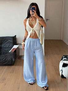 Pantalones anchos de pierna ancha con estampado de rayas, cintura con cordón, cómodos, para mujer, estilo casual de playa y vacaciones, estilo bohemio - Gris - Ver 3