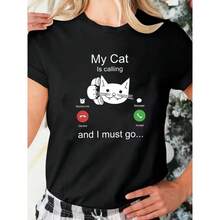 Camiseta de moda para mujer con estampado de gato, ligera y transpirable, manga corta y cuello redondo, ajuste perfecto para primavera y verano - [Negro] - Ver 1