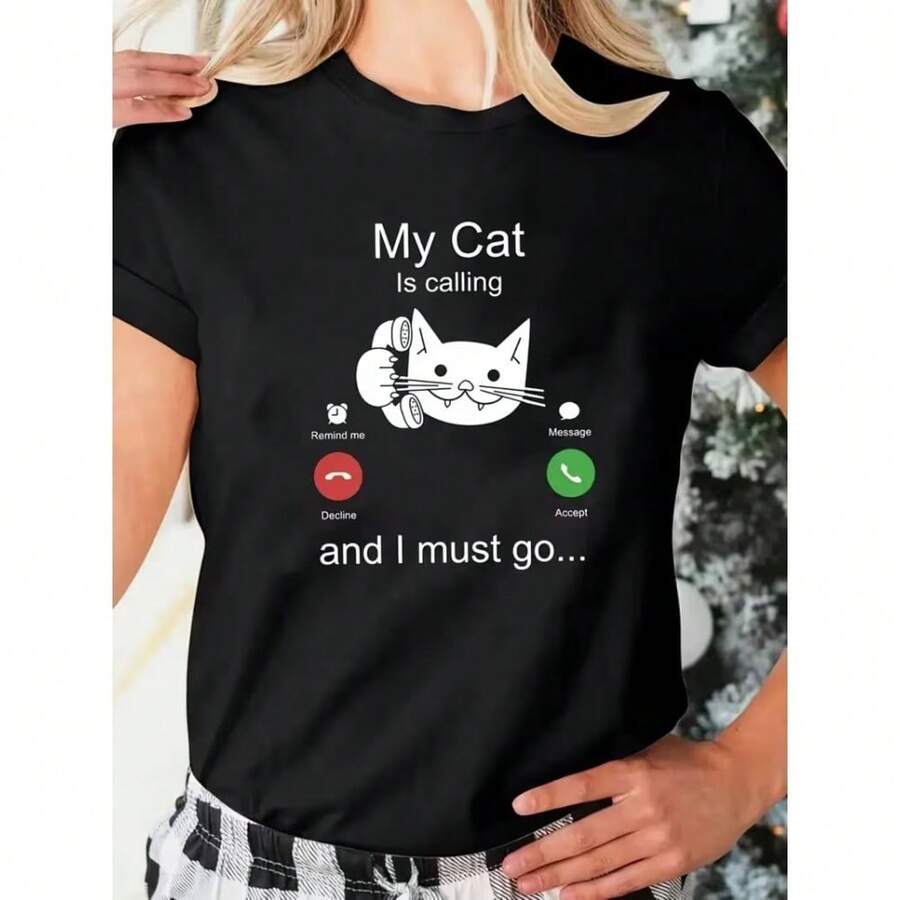 Camiseta de moda para mujer con estampado de gato, ligera y transpirable, manga corta y cuello redondo, ajuste perfecto para primavera y verano - [Negro] - Ver 1