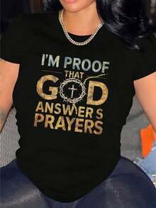 I Am Proof That God Answers Prayers T-Shirt For Women Casual Short Sleeve Tee 1 Pcs 100% Heavy Cotton - Comfortable Crew Neck, Soft Adorable Tees Tops - 黑色 - 查看 1