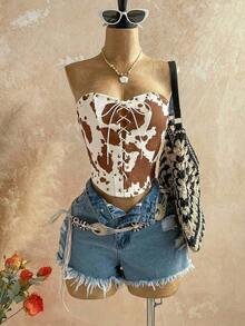 Top corto de suede sexy con lazo, remaches y diseño deconstructivo, adecuado para vacaciones, citas, té de la tarde, vacaciones, festivales de música, estilo bohemio, cruceros, playa, verano - Marrón - Ver 4