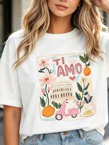 Women's Casual Short Sleeve T-Shirt - Italian Style With TI AMO Print, Pink Scooter, Floral And Fruity, White, 100% Cotton, Durable - 白色 - 查看 2