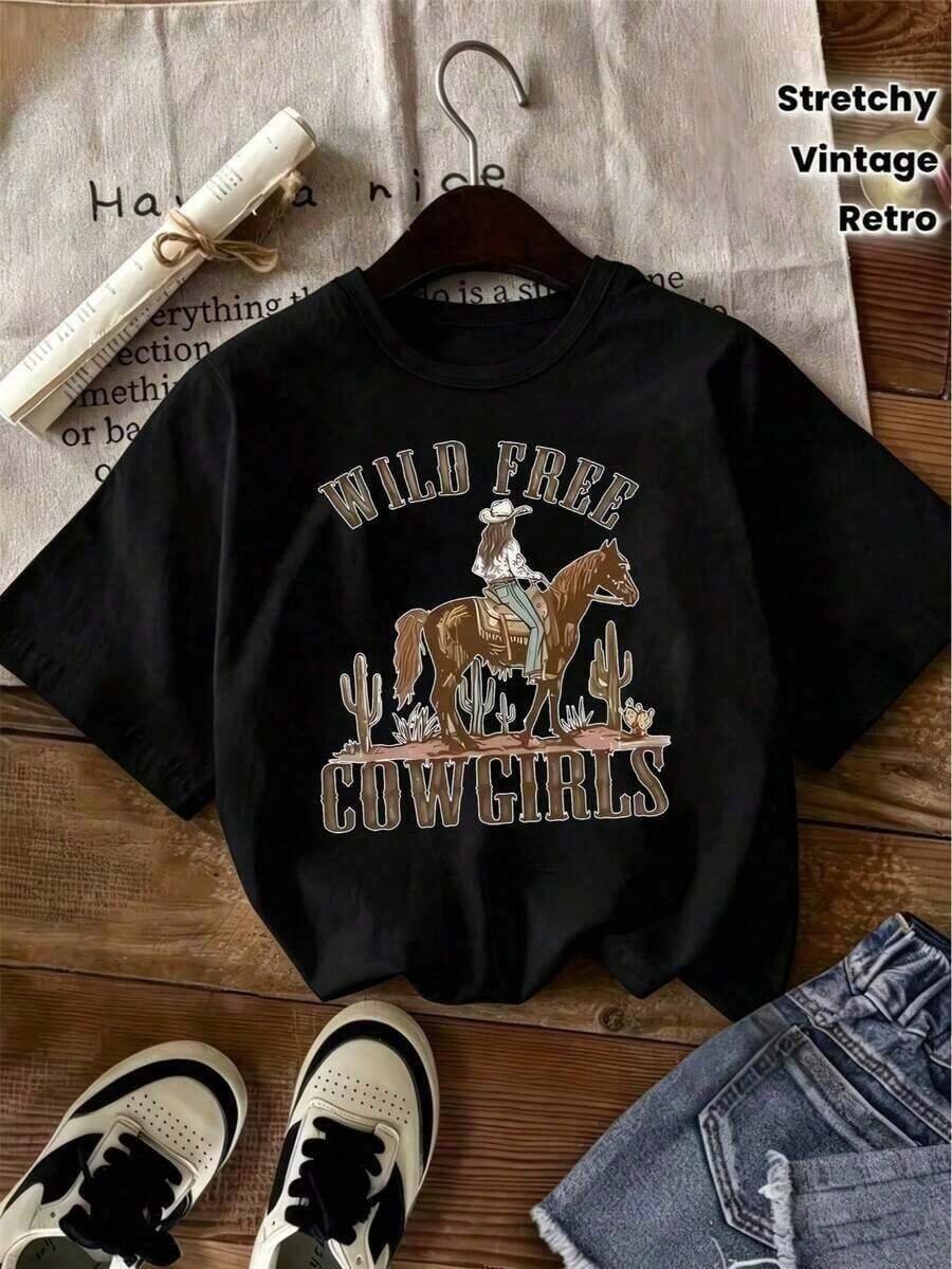 Women's Fashion Graphic Print Short Sleeve Tee: Women's Western Cowboy Print T-Shirt - Cowboy Font And Print Design With Cactus And Cowboy Hat Motifs - Crew Neck, Short Sleeves, Vintage-Style Casual Shirt, Suitable For Spring And Summer, Machine Washable. Comfortable, Soft, And Simple Short-Sleeve T-Shirt For Everyday Wear - 黑色 - 查看 1