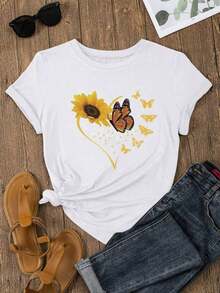 Camiseta con Estampado de Girasol y Mariposa Bohemio, Camisetas Gráficas para Mujer, Tops de Algodón - Blanco - Ver 4