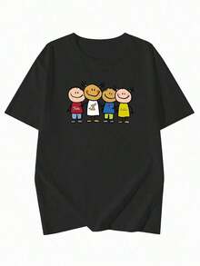Women's Short-Sleeved T-Shirt, Korean-Japanese Style, Casual, Round Neck, Loose Fit, Simple Cartoon Print, Spring/Summer Style, Black Graphic T-Shirt. - 黑色 - 查看 6