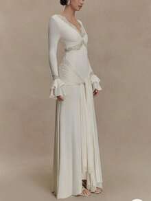 Long-Sleeved Dress With Lace Trim, Flared Sleeves And Floating Ribbons, Fitted Cut And Elegant Style. - 白色 - 查看 5