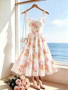 Vestido de tirantes con volantes, estampado floral y dobladillo escalonado para vacaciones de verano en la playa de las mujeres - Rosa - Ver 6
