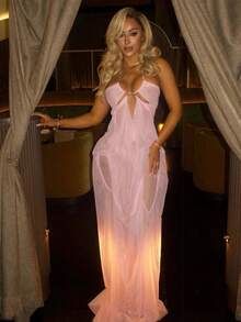 Halter Dress With Sheer Mesh Back, Open Back, Beach Vacation Style - Pink - View 2