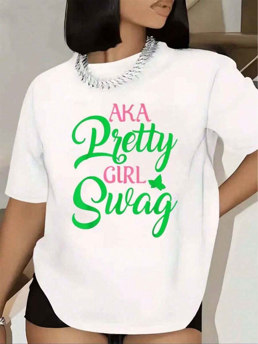 Women's T-Shirt With "Aka Pretty Girl Swag" Print, Short Sleeves, Round Neck, Casual, Street Fashion, 220g - 白色的 - 查看 1