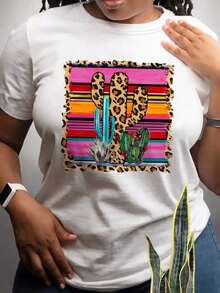 Camiseta Casual de Manga Corta y Cuello Redondo para Mujer, de Poliéster, con Estampado de Leopardo y Cactus - Blanco - Ver 1