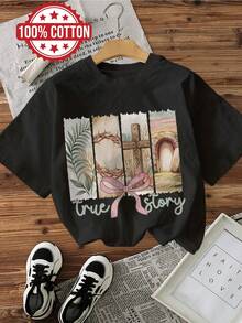 Women's Casual Easter Top, Watercolor Style, Crown Of Thorns, True Story Print, Short Sleeve Crew Neck T-Shirt [Ling K] - 黑色 - 查看 1