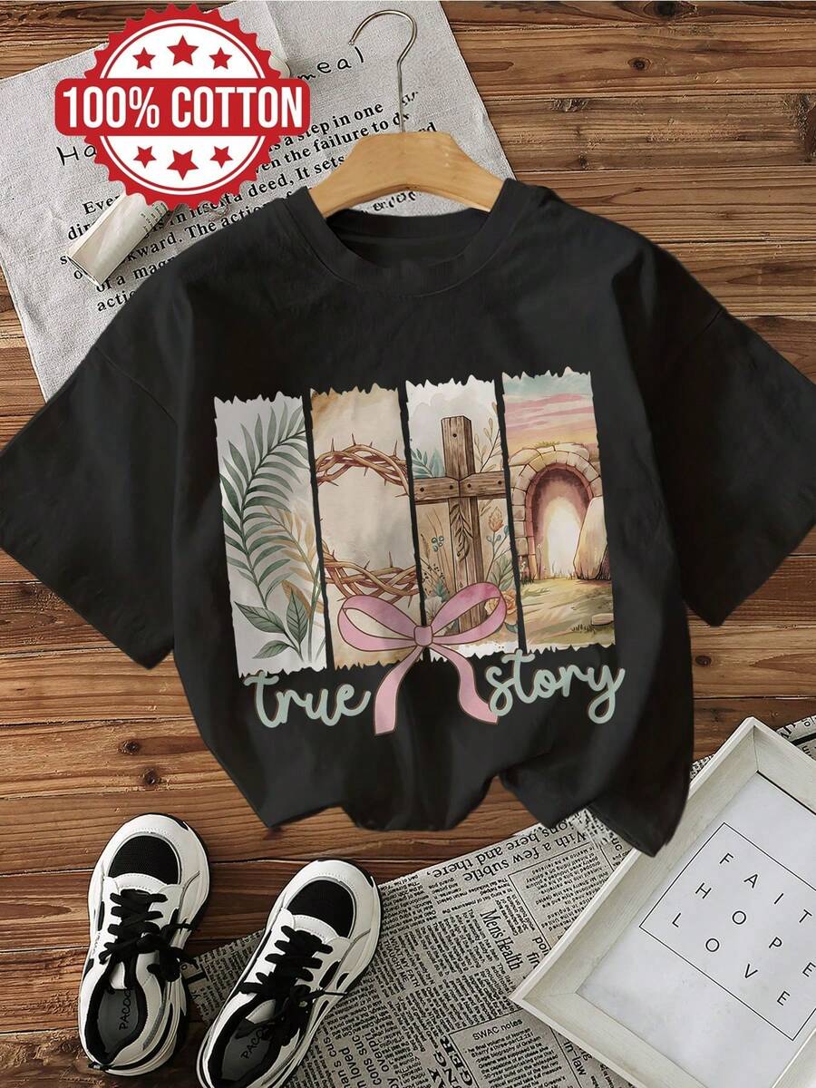 Women's Casual Easter Top, Watercolor Style, Crown Of Thorns, True Story Print, Short Sleeve Crew Neck T-Shirt [Ling K] - 黑色 - 查看 1