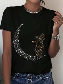 White T-Shirt With Moon And Cat Design, Graphic Polka Dot Print, Casual Summer Top For Women,  Streetwear Style - 黑色 - 查看 7
