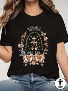 Oh Mary, Grant Us Without Sin, Forgive Us Who Have Begged You. Graphic Print T-Shirt, Short Sleeves, Round Neck, Casual Top For Summer And Spring, Women's Clothing. - 黑色 - 查看 1