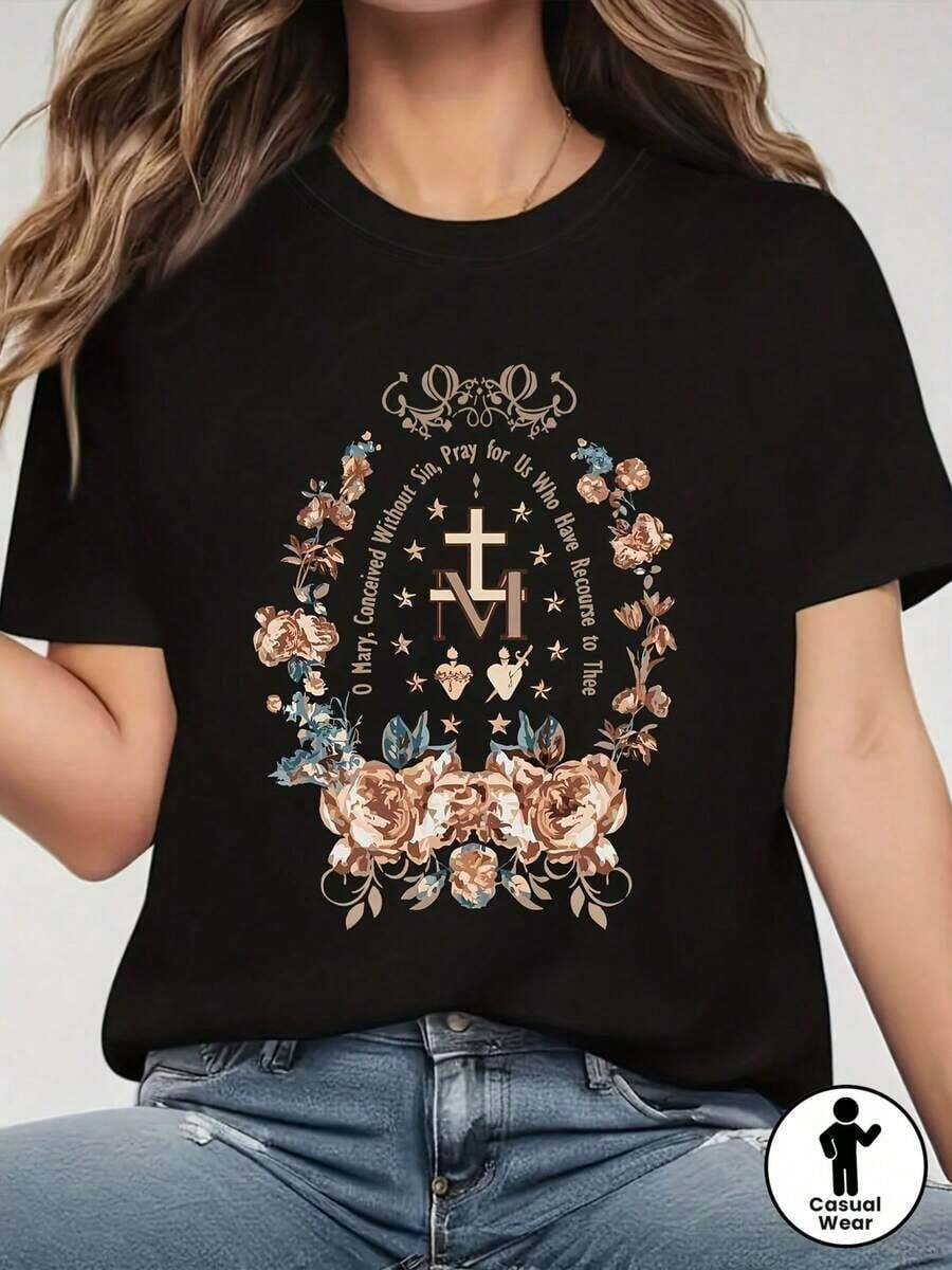 Oh Mary, Grant Us Without Sin, Forgive Us Who Have Begged You. Graphic Print T-Shirt, Short Sleeves, Round Neck, Casual Top For Summer And Spring, Women's Clothing. - 黑色 - 查看 1