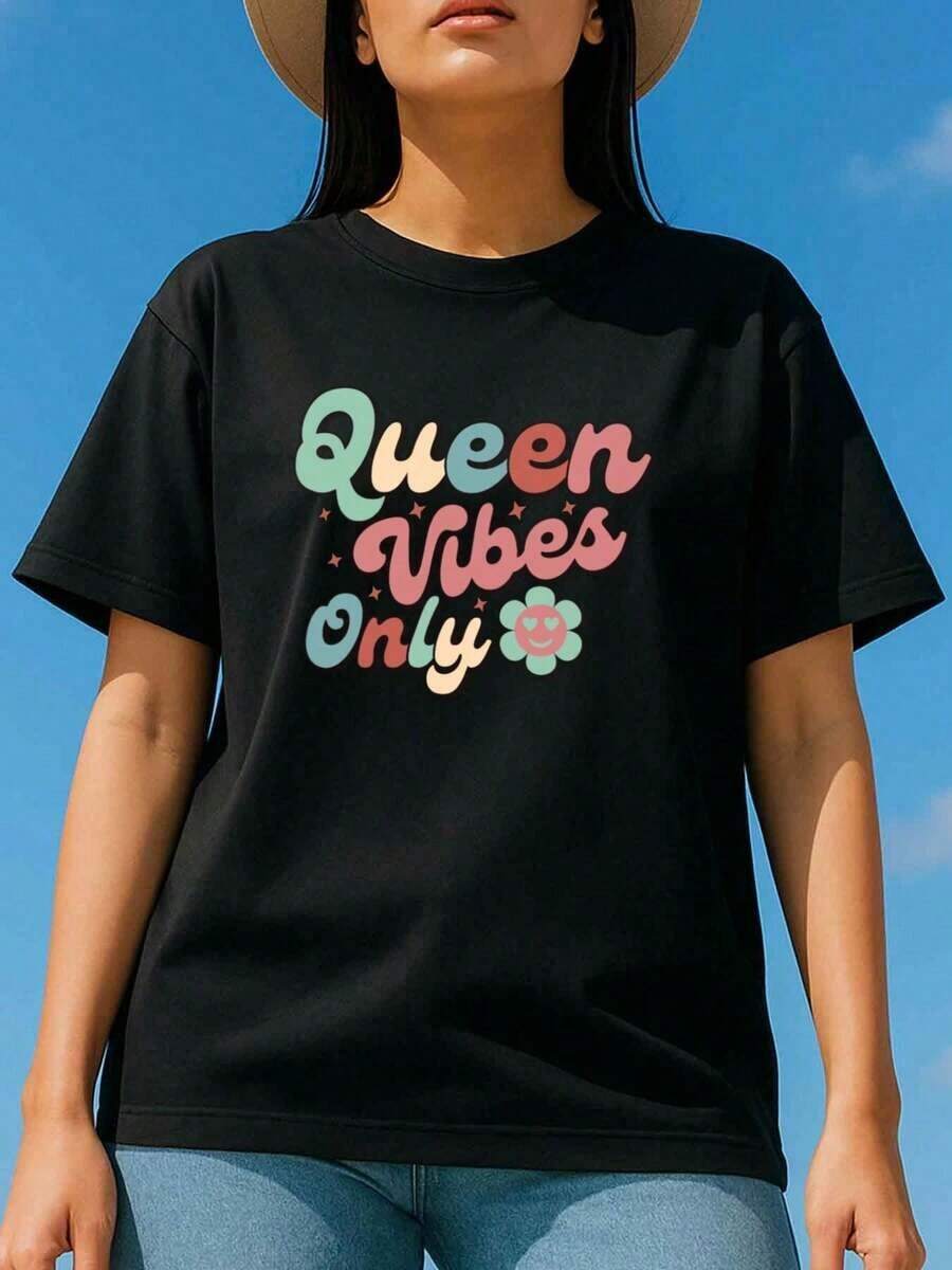 Women's Plus Size T-Shirt With "Queen Vibes Only" Print - Loose Fit, Short Sleeve, Crew Neck, Ideal For Home, Parties And Everyday Wear - High Quality Casual Garment At An Affordable Price - 黑色 - 查看 1