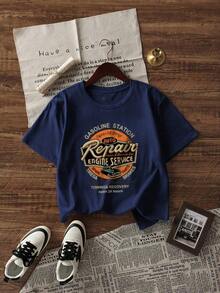 Camiseta de manga corta para mujer, 100% algodón, corte holgado, cuello redondo, informal para uso diario en verano, nueva camiseta de manga corta con estampado de letras, de algodón puro, corte holgado, cuello redondo, transpirable, suave y básica. - Azul - Ver 3