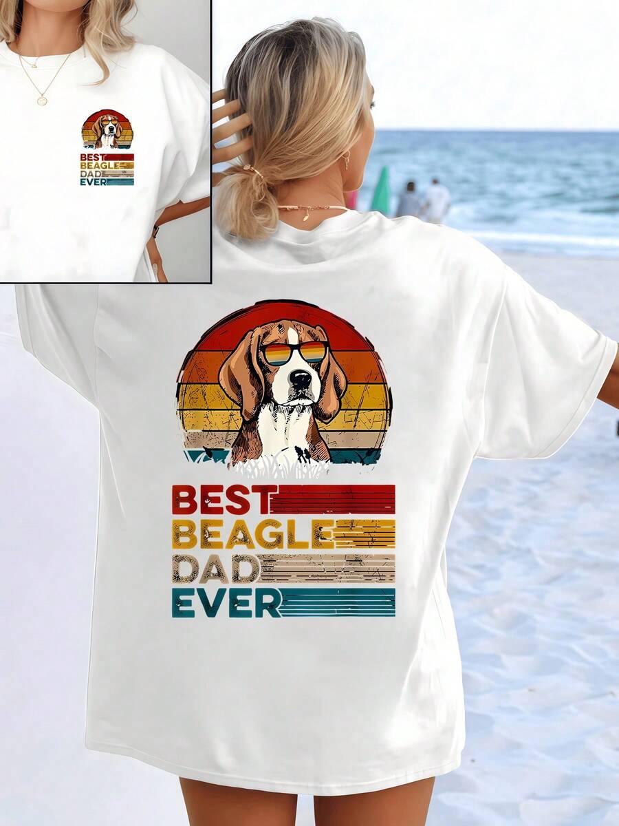 Beagle Dog Wearing Glasses Against A Warm Sunset, Conveying Love, Loyalty, And Calm To Those Who Enjoy The Company Of This Noble Animal. Women's Casual Double-Print T-Shirt For The Beach And Walks - 白色 - 查看 1