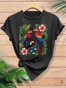 Stylish And Modern Women's T-Shirt Made Of Cotton, Featuring A Tropical Parrot And Giant-Beaked Bird Print. Suitable For Spring, Summer, And Autumn, This Casual Sporty T-Shirt Has Short Sleeves, A Round Neck, And Is Soft And Comfortable. O9EF - (白色) - 查看 6