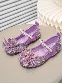 Girls' Princess Style Crystal Soft Bottom Shoes, Bow & Pearl Decor, Versatile For Spring, Summer, Autumn Daily Wear, School, Commute - Purple - View 3