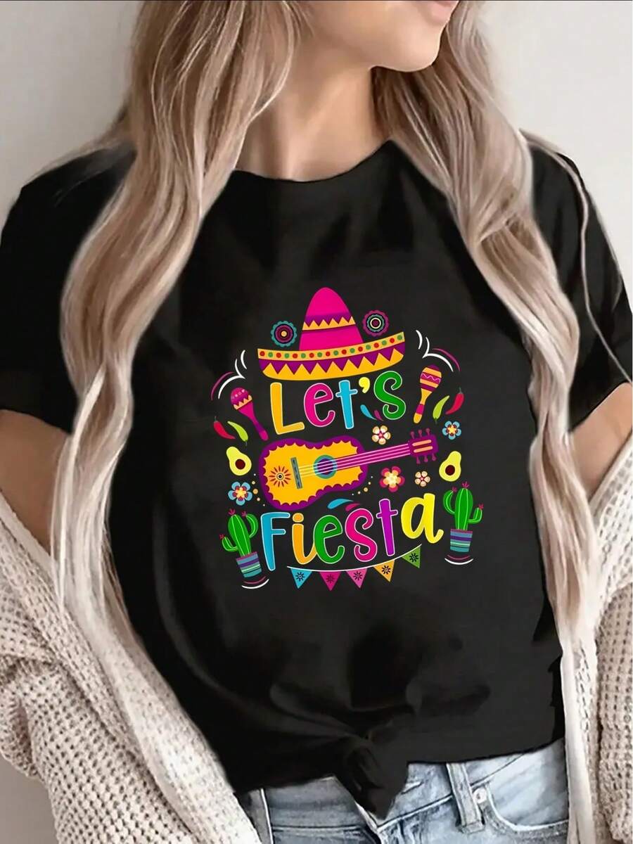 Women's Short-Sleeved T-Shirt Decorated With Festive And Colorful Designs, Suitable For Parties, Restaurants, Or Everyday Casual Wear. Lightweight And Durable, Printed With Mexican Motifs, It's An Ideal Choice For Festive Occasions. Women's T-Shirts - 黑色 - 查看 1