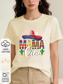 Camiseta de mujer 100% algodón, estampada con las palabras "MAMA Cita" y un diseño de sombrero y cactus de estilo mexicano. Cuello redondo, manga corta, cómoda y transpirable para el uso diario en verano. Ropa de verano para mujer. Camisetas para mujer. - Blanco - Ver 9